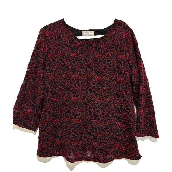 TanJay Womens Top 2x Black Burgundy lace Lined Burnout Career Whimsigoth witchy - Picture 1 of 12